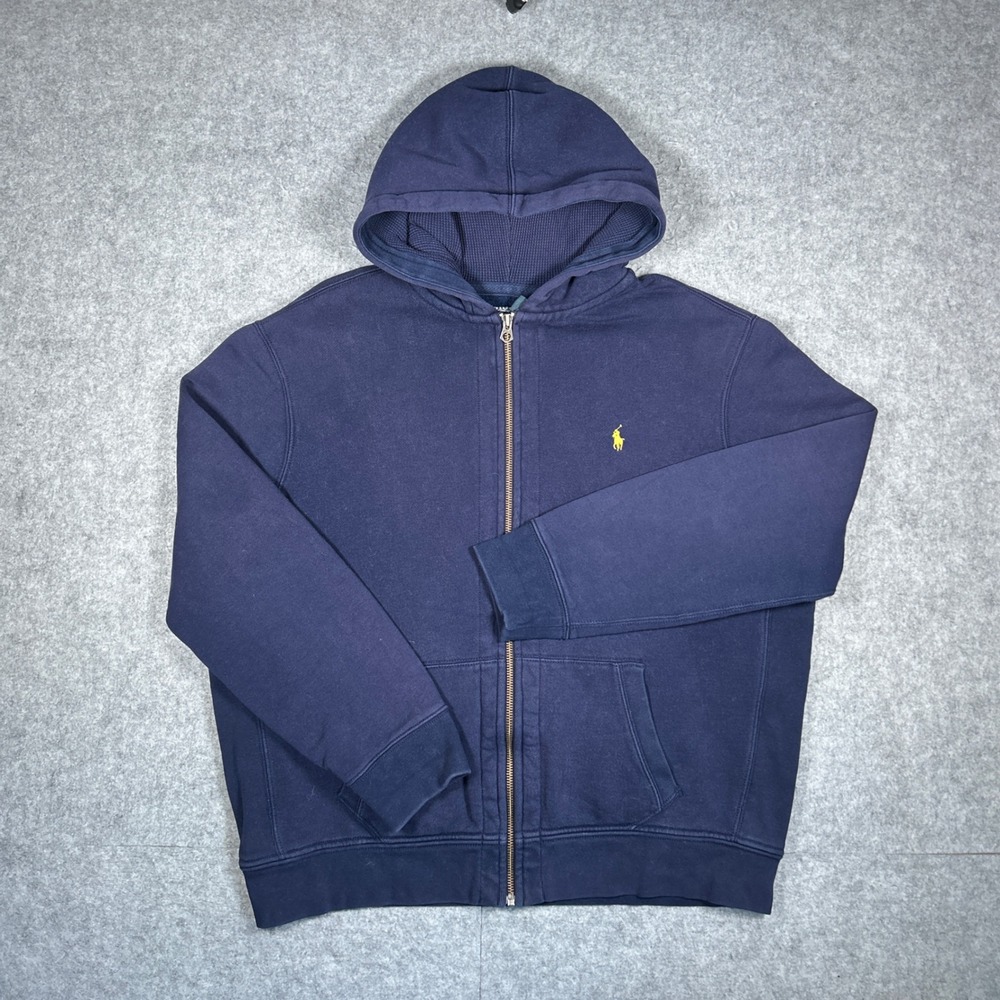 Polo Ralph Lauren Zip Up Hoodie Mens XXL Navy Blue Yellow Pony Logo Fleece